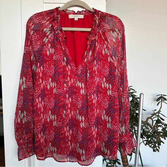 LOFT Red Ruffled Long Sleeve Blouse - Picture 1 of 6